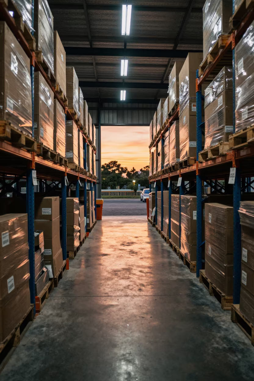 Warehouse aisle with pallet racks in Myeik in inside a warehouse aisle in Myeik