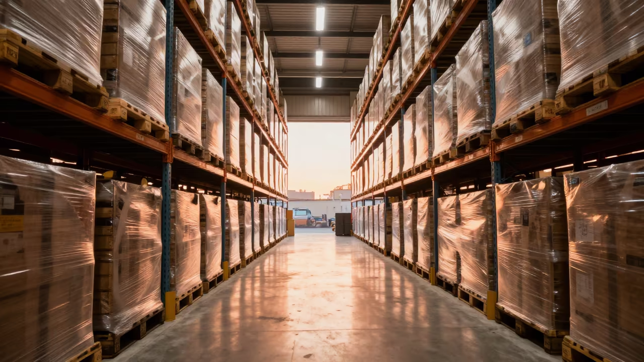 Warehouse Aisle Pallets Golden Hour Light in along inventory racks under cool warehouse light near Agadir