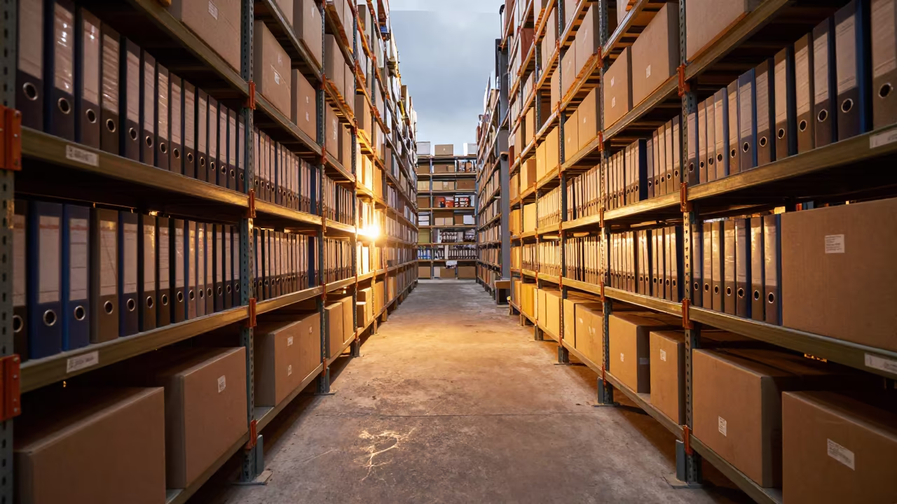 Warehouse Aisle with Parcels and Binders in Firelight in inside a warehouse aisle in Aarhus