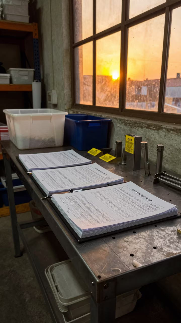 Warehouse Audit Binder Under Amber Sunset Light in inside a warehouse aisle in Havana