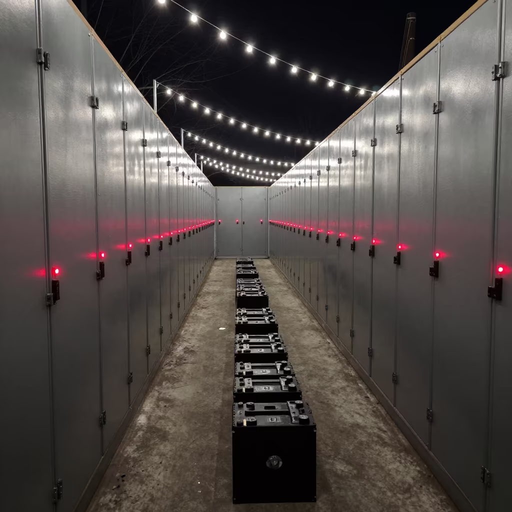 Warehouse Battery Locker Night Glow Blida in inside a warehouse aisle in Blida