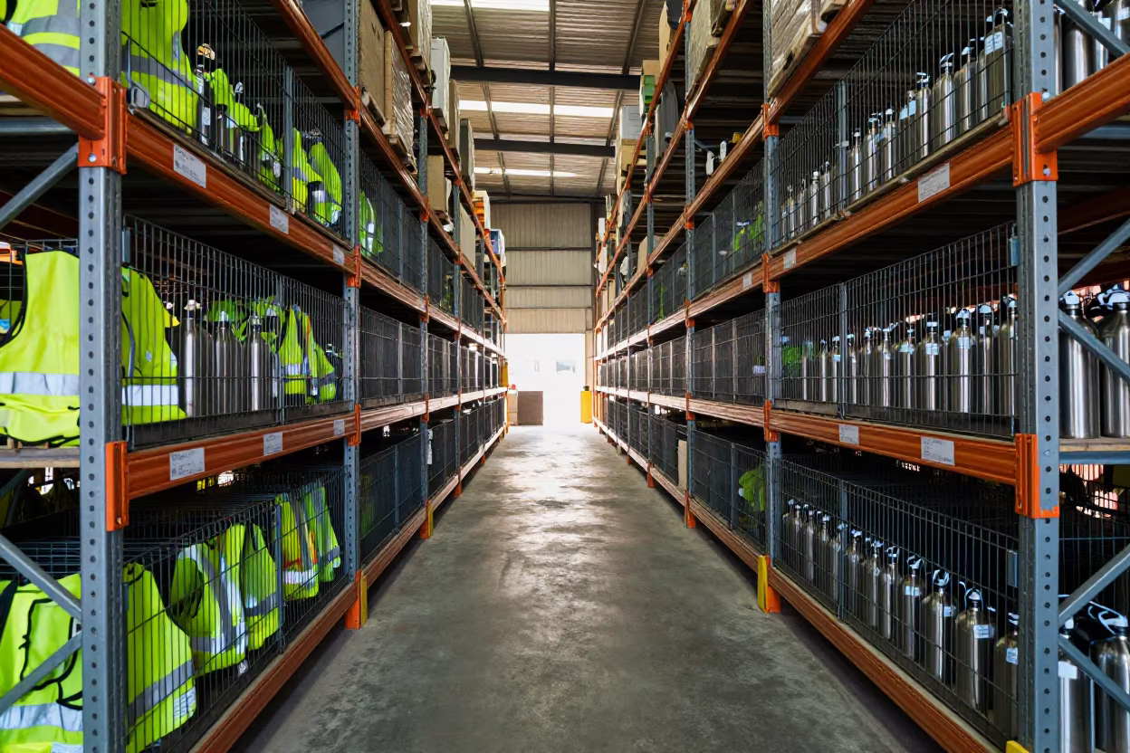 Warehouse Break Cage With Vests and Bottles in inside a warehouse aisle in Malanje