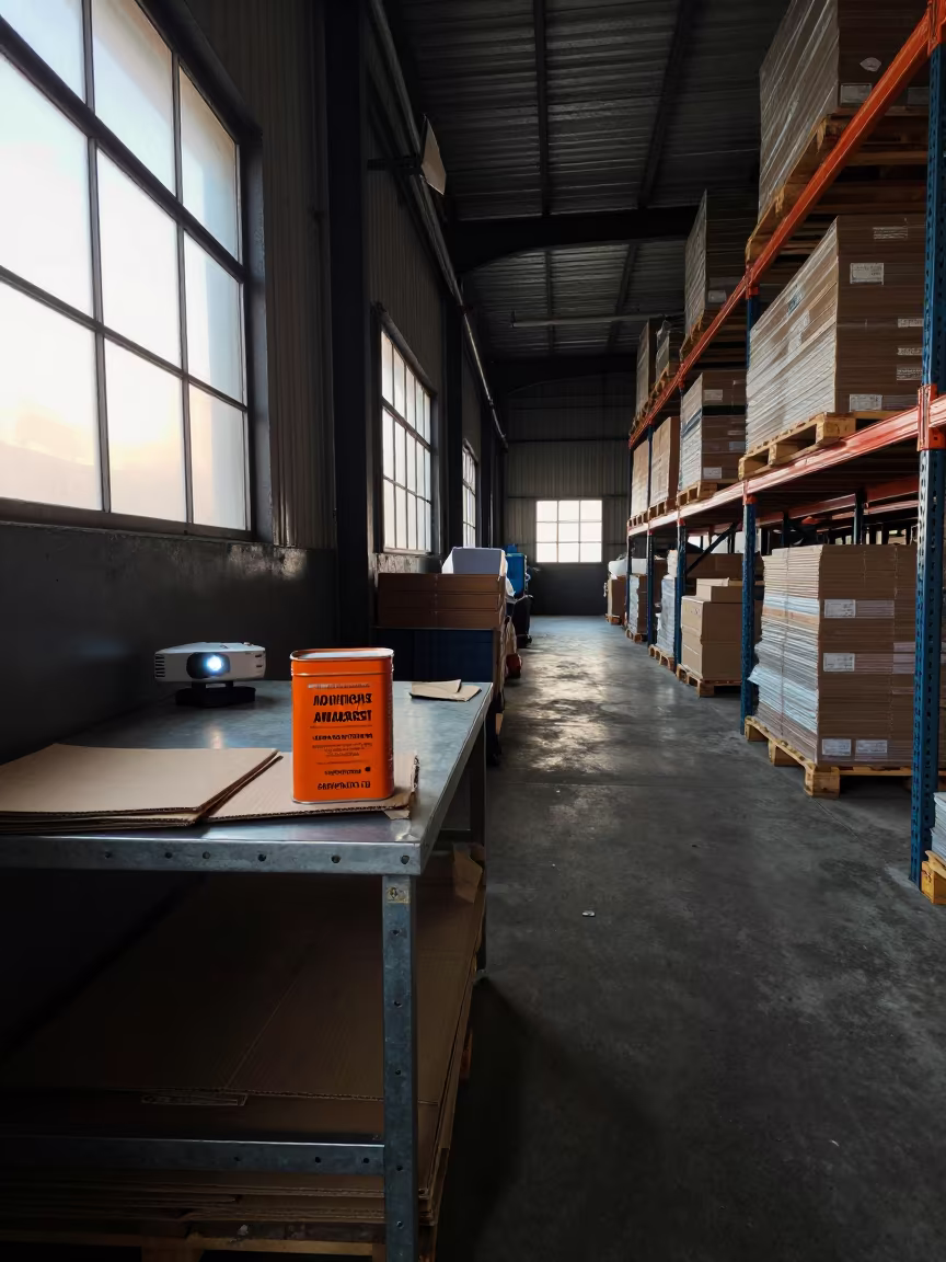 Warehouse Carton Cutter Tin Before Dawn in inside a warehouse aisle in Sydney