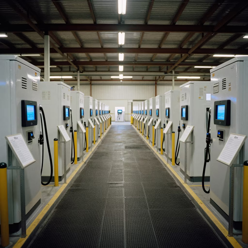 Warehouse Charging Lane with Battery Stations in at a parcel sorting belt in Touggourt
