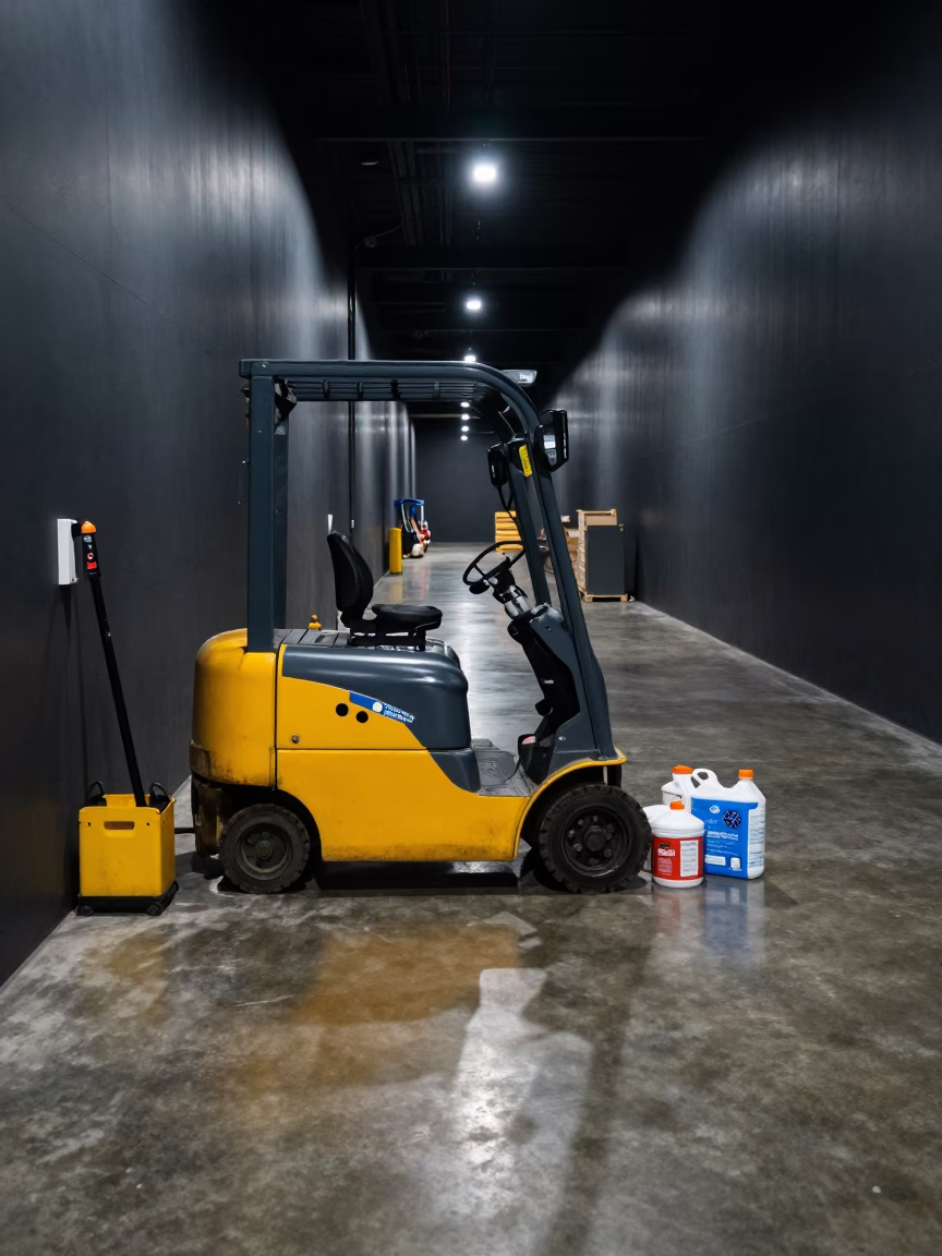 Warehouse Charging Zone Night Lights in at a fulfillment packing station near Teusaquillo, Bogota