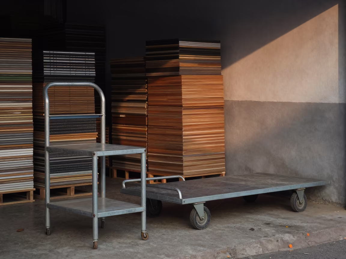 Warehouse Checkout at Dawn with Stock Cart in inside a stockroom behind the sales floor in Kollam