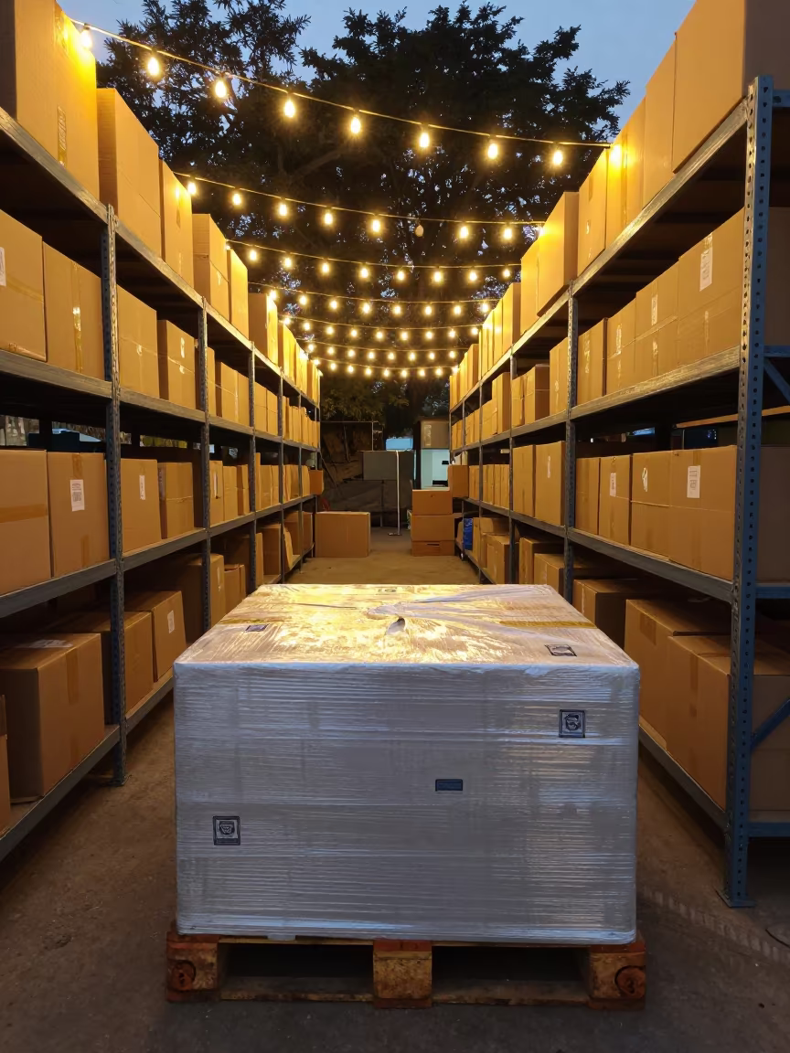Warehouse Clip Bin Under String Lights in inside a dispatch office above the dock in Rangpur