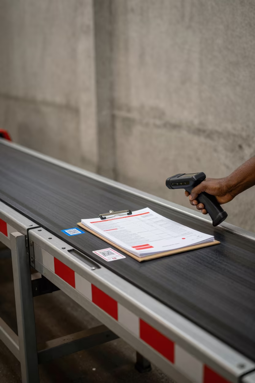 Warehouse Clipboard Rail with Scanning Cues in at a parcel sorting belt in Mombasa