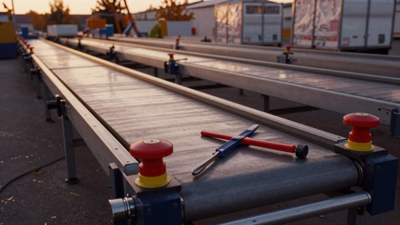 Warehouse Conveyor and Safety Tools in Evening Light in inside a cross-dock lane near Kharkiv