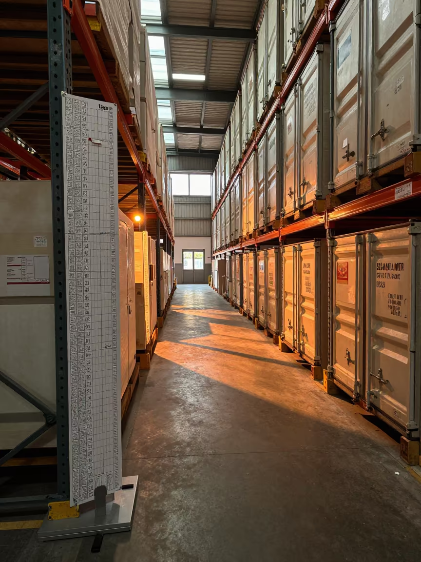 Warehouse Density Chart Stand Lucerne Evening in inside a warehouse aisle near Lucerne