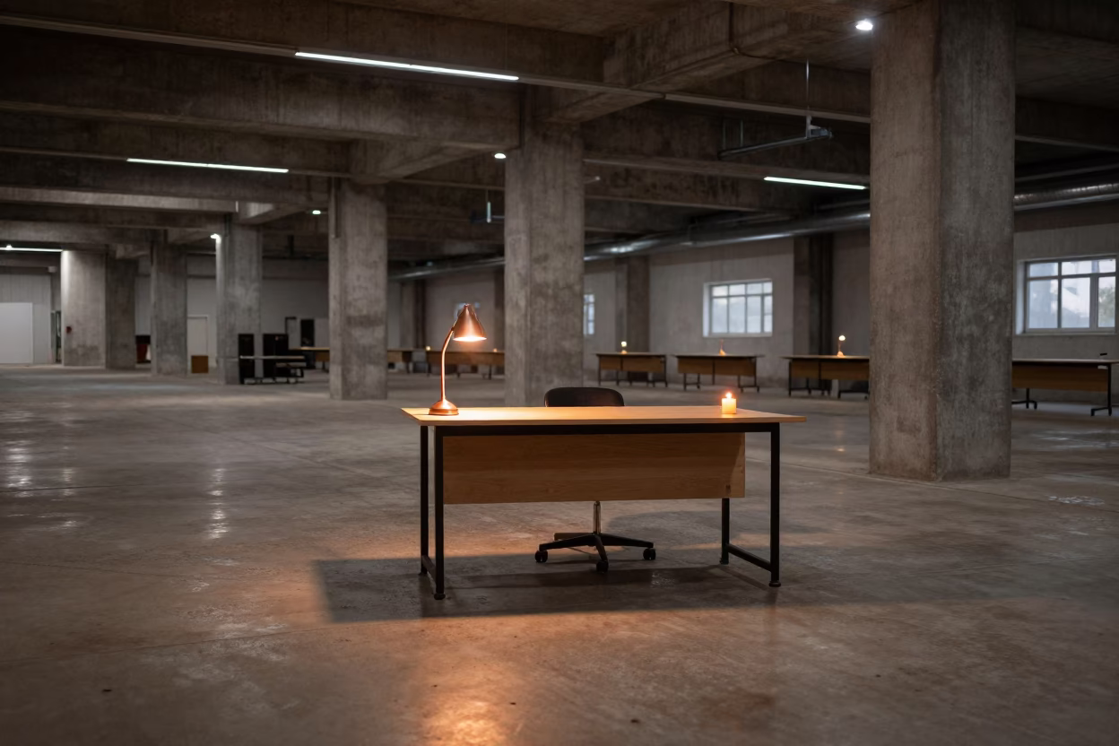 Warehouse Desk Under Copper Light in inside a warehouse aisle near Harbin