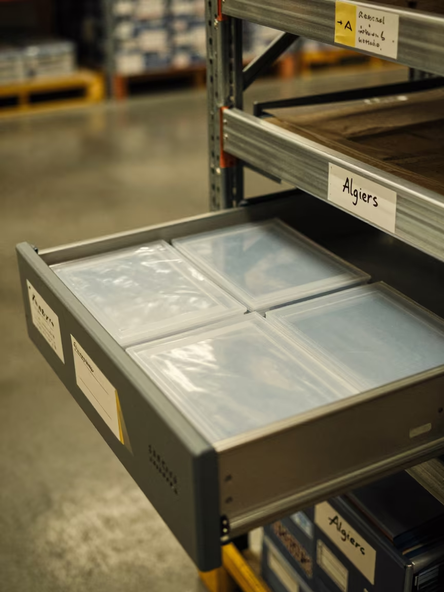 Warehouse Dispatch Binder Drawer in Algiers in inside a warehouse aisle in Algiers