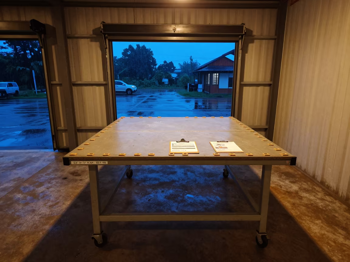 Warehouse Handoff Table at Blue Hour in Semarang in inside a chilled distribution bay in Semarang