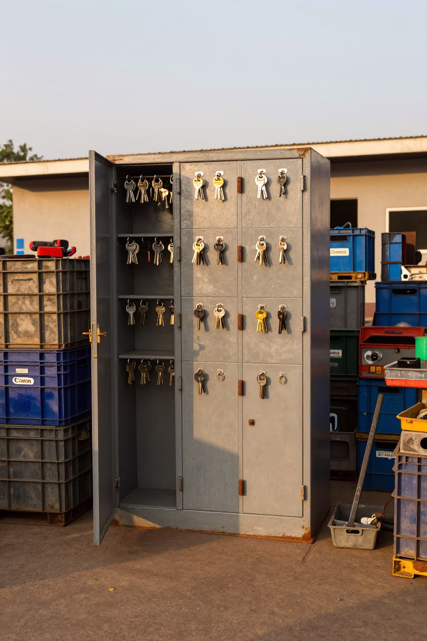 Warehouse Key Locker in Kisangani Dry Season Light in inside a warehouse aisle in Kisangani