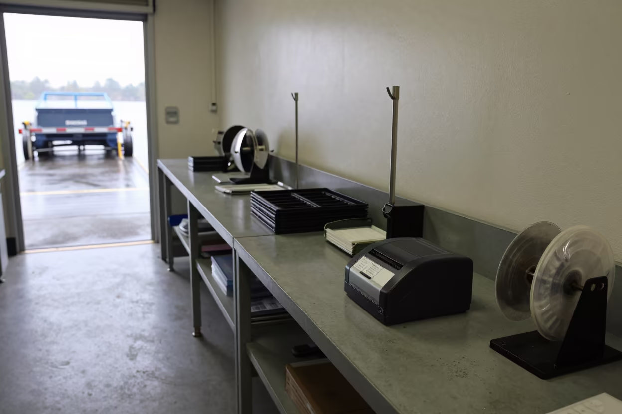 Warehouse Label Printer Kit in Dispatch Office in inside a dispatch office above the dock near San Salvador