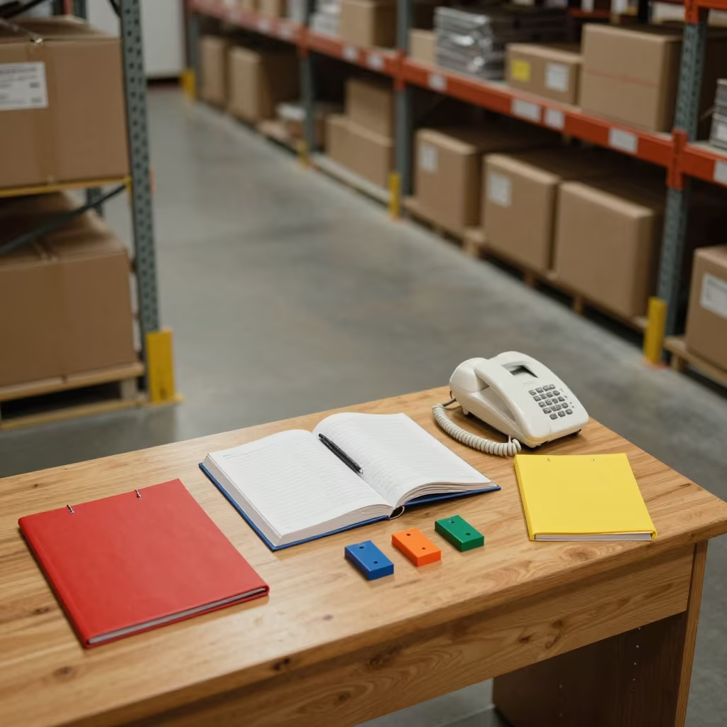 Warehouse Ledger Desk Before Dawn Operations in inside a warehouse aisle near Seeb