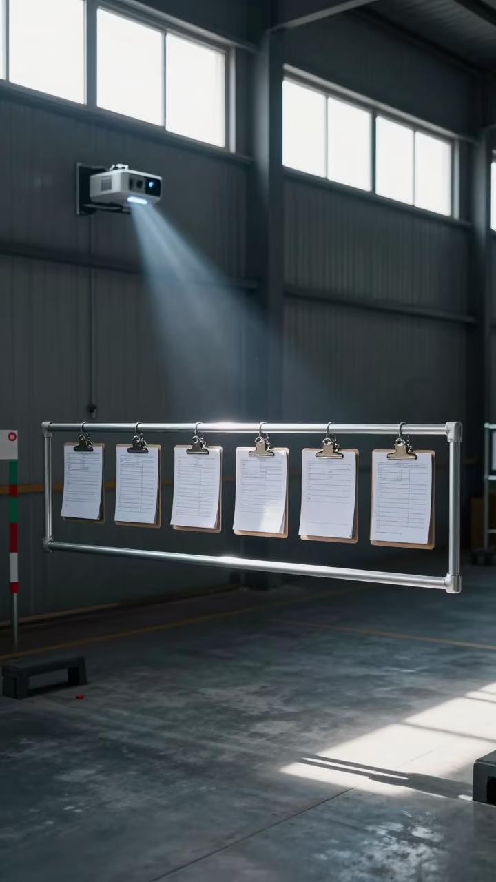 Warehouse Manifest Clipboard Rail in Projector Glow in inside a chilled distribution bay near Kuopio