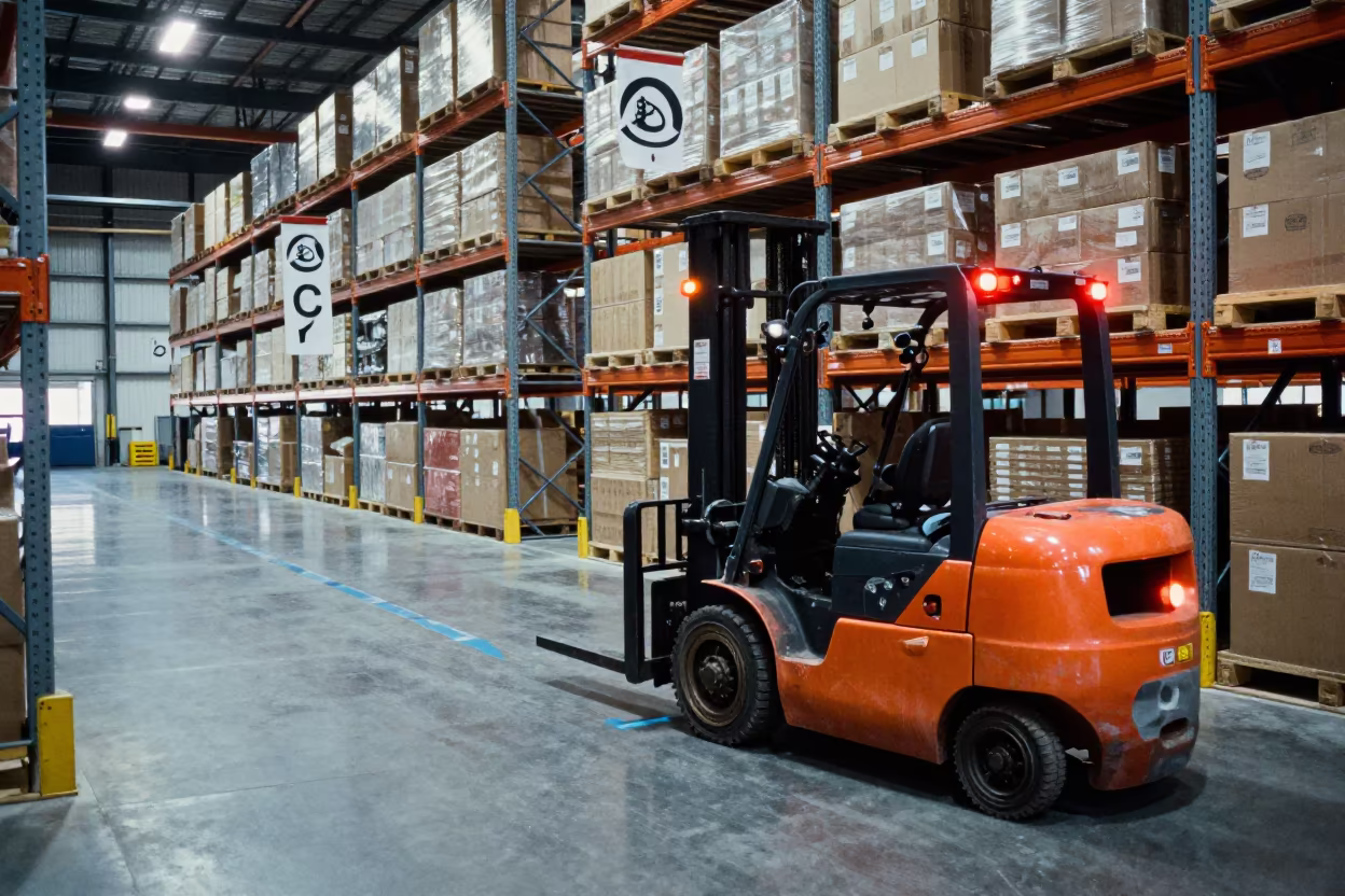 Warehouse Mezzanine Amber Beacons Nanjing in inside a warehouse aisle near Nanjing
