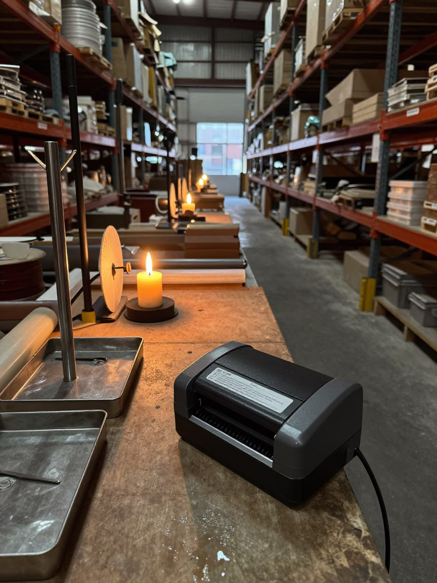 Warehouse platen cleaner kit in evening light in inside a warehouse aisle in Tobruk