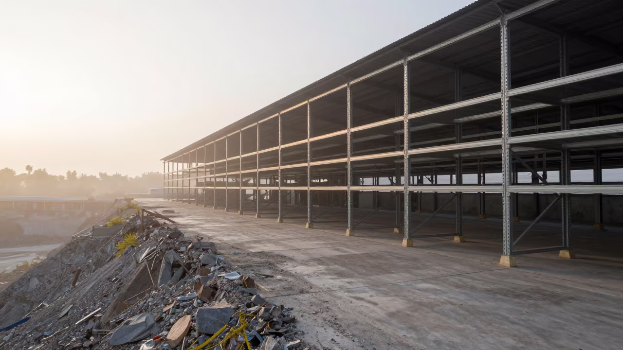 Warehouse Racks Disappearing Into Dawn Mist in on a quarry ledge near Cebu