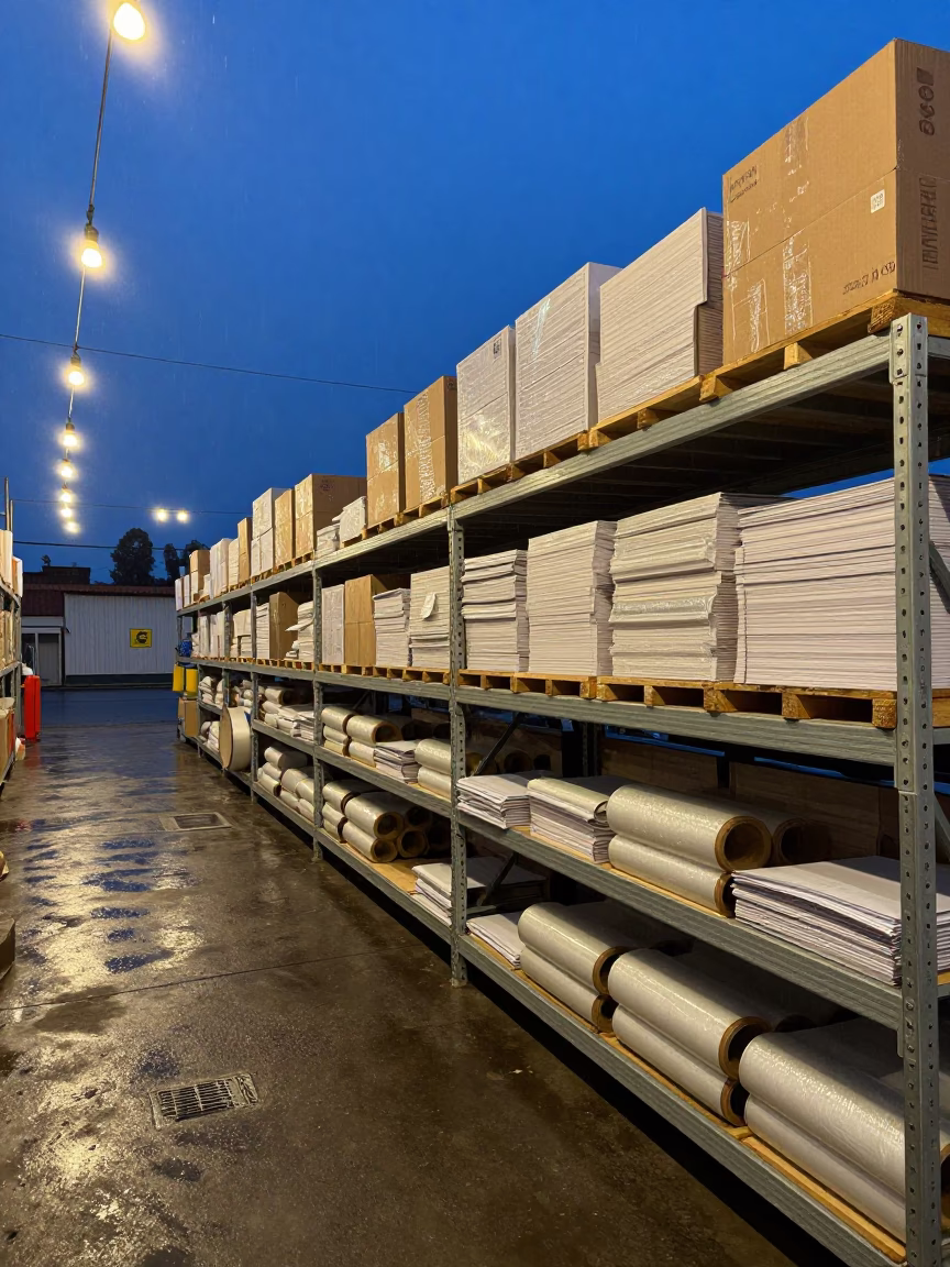 Warehouse Return Shelf Conakry Blue Hour in inside a warehouse aisle in Conakry