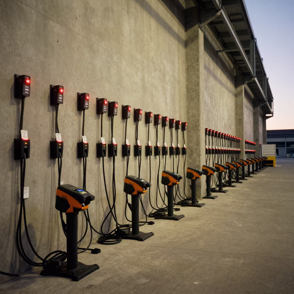 Warehouse Scanner Charging Station Before Dawn in inside a warehouse aisle in Plzeň