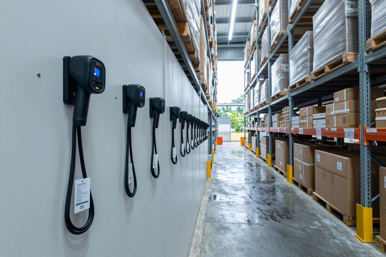 Warehouse Scanner Charging Station with Braided Cords in inside a warehouse aisle in Ilorin