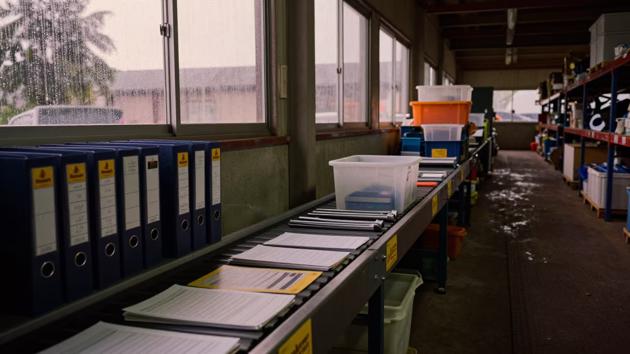Warehouse tote with binders and tools in Lome dawn in inside a warehouse aisle in Lome