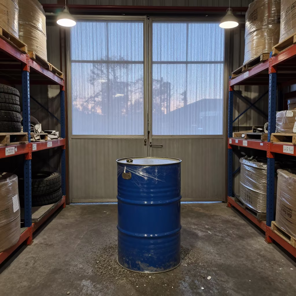 Warehouse Transload Barrel with Debris in Vancouver in along inventory racks under cool warehouse light in Vancouver