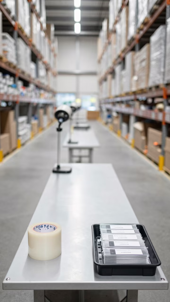 Warehouse Triage Bench with Tape and Labels in inside a warehouse aisle near Bangkok