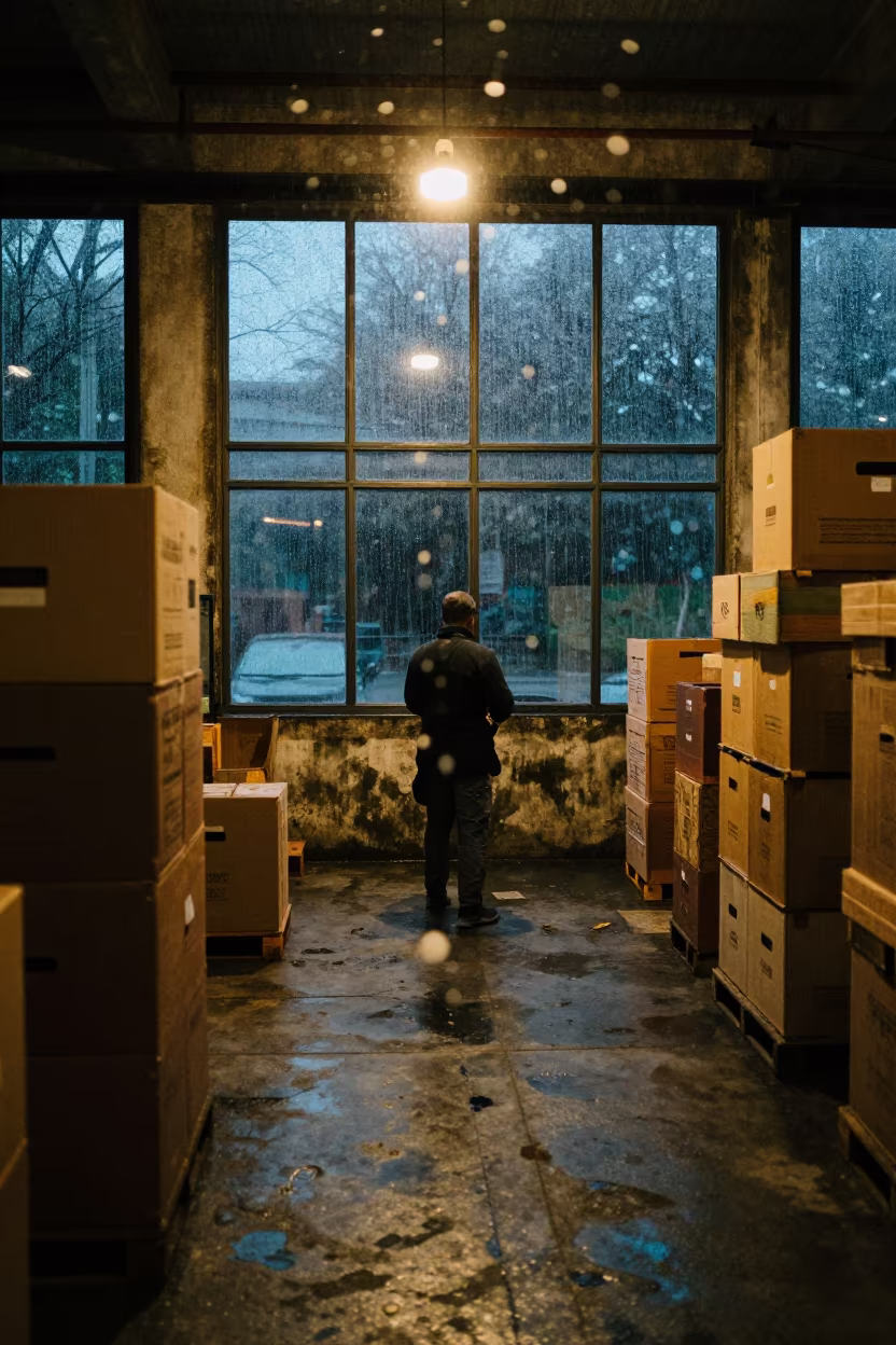 Warehouse Worker Under Strip Lights Braga Night in in Braga