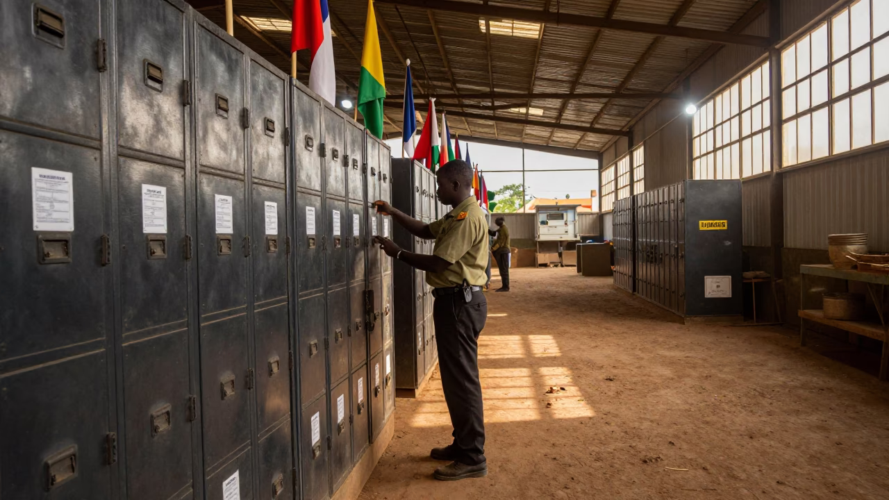 Warehouse Yard Marshal Flag Locker Dispatch Handoff in inside a warehouse aisle near Kinshasa
