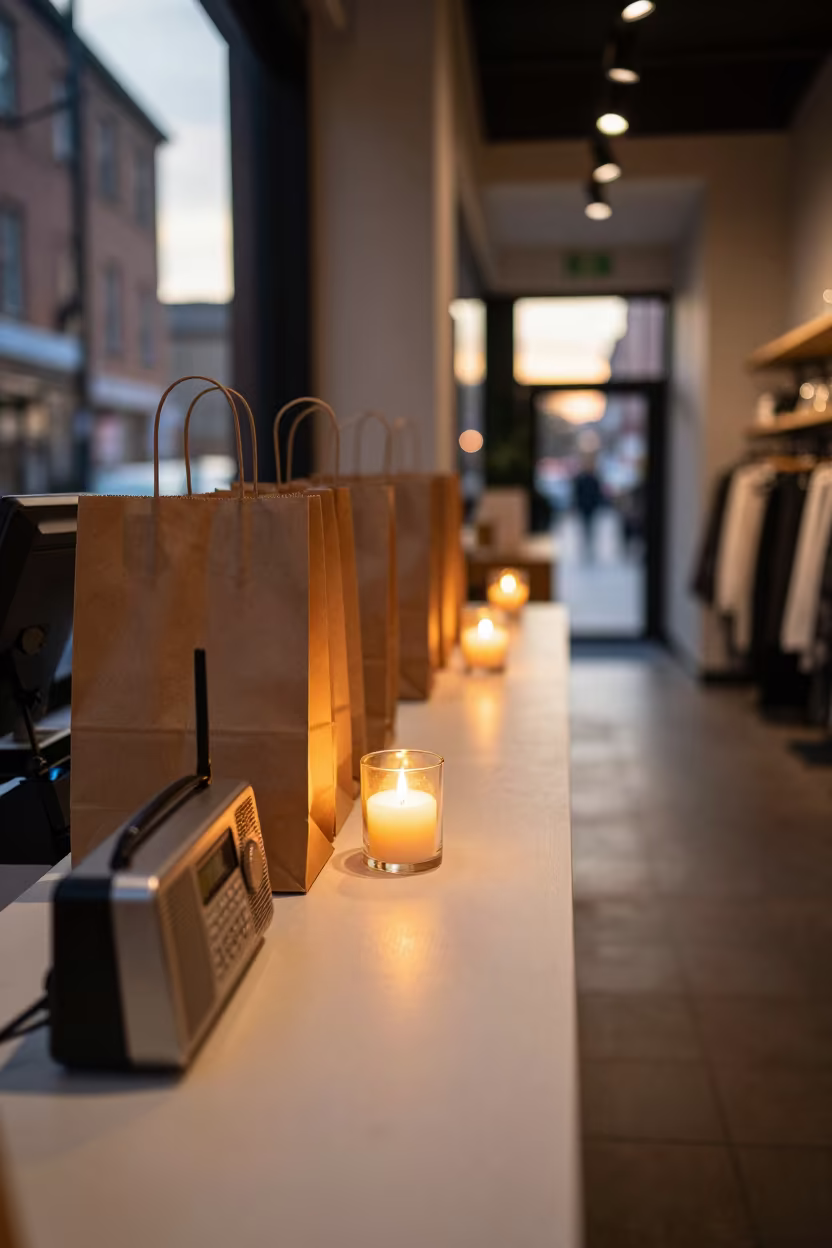 Warm Candlelight Glow on Retail Radio Charger Rail in at a cash wrap counter with bags stacked nearby near Salford