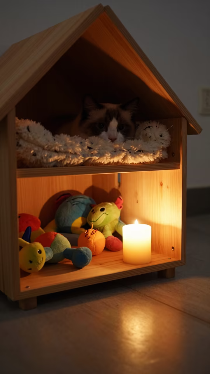 Warm Candlelit Pet Prop Shelf Twilight Changsha in inside an adoption room near Changsha