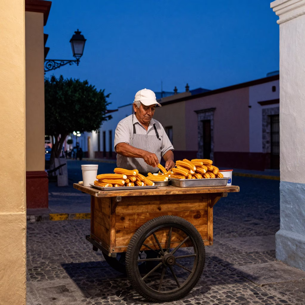 Warm Churros in Oaxaca at Indigo Twilight After Sunset in in Oaxaca, Mexico