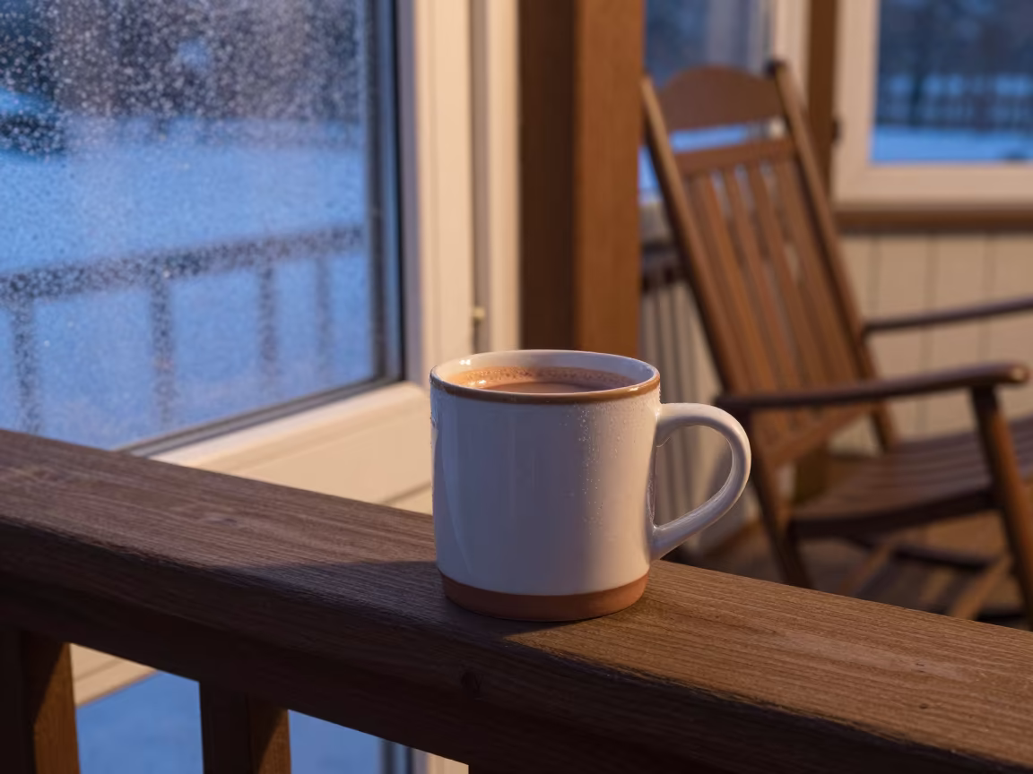 Warm Cocoa Mug on Porch Window at Midnight in on a porch with a rocking chair near Bonn