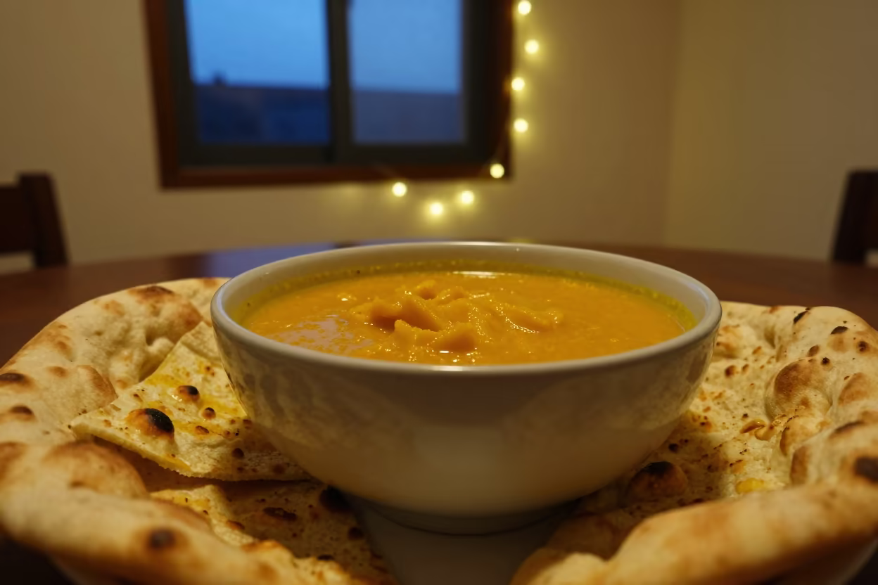 Warm Dal and Naan by Window at Blue Hour in on a ceramic plate by a window in Yeumbeul Nord