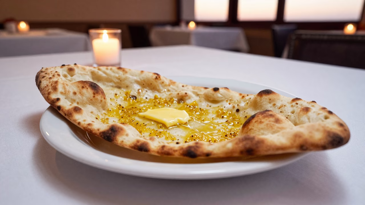 Warm Garlic Butter Naan on Linen in Kenitra in on a linen-covered restaurant table in Kenitra