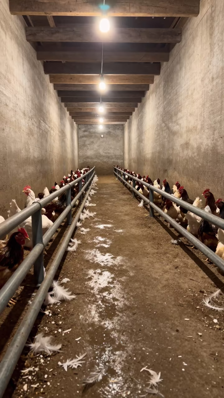 Warm Haze and Feed Lines in Lesotho Poultry House in in a poultry house aisle in Lesotho
