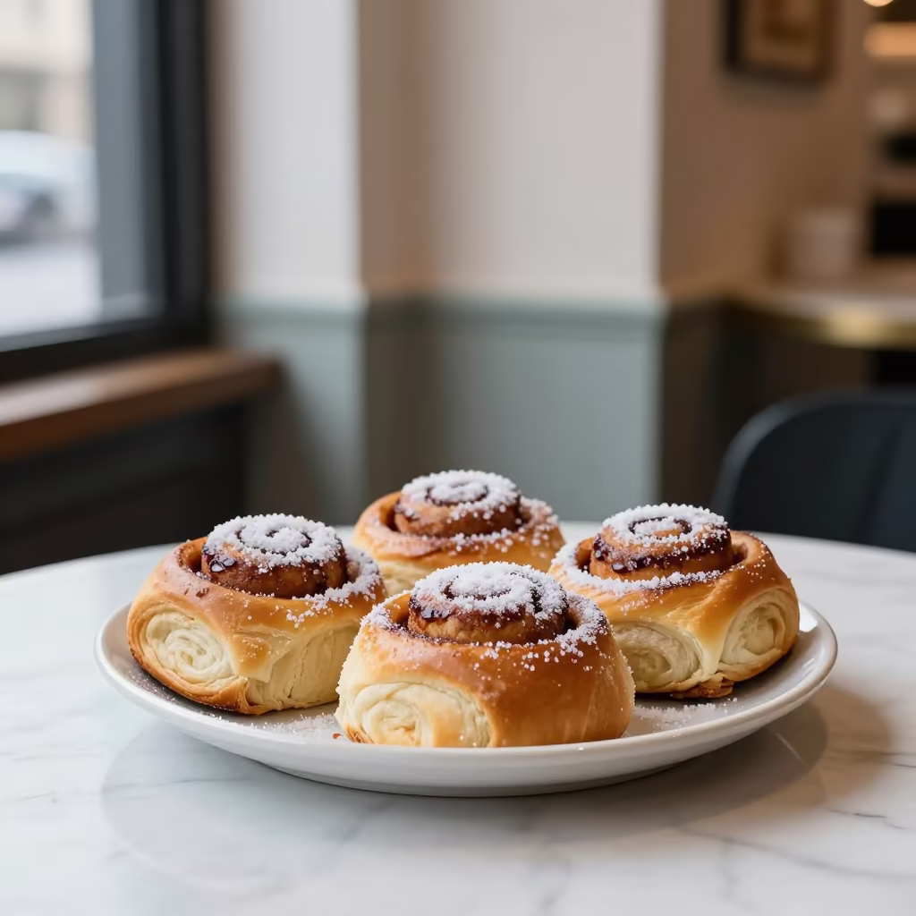 Warm Kanelbullar on Marble Cafe Table in on a marble cafe table in Ismailia