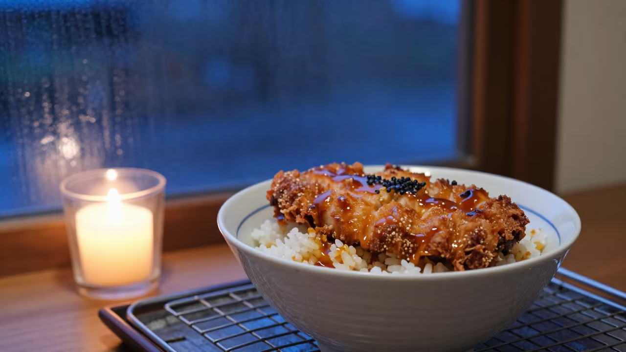 Warm Katsudon Bowl on Cooling Rack in on a bakery cooling rack in Minna