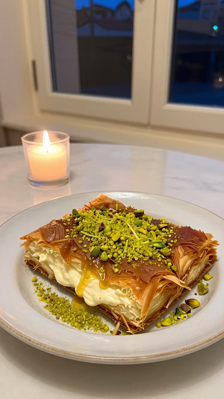 Warm knafeh with pistachio syrup in Beirut in on a ceramic plate by a window in Beirut