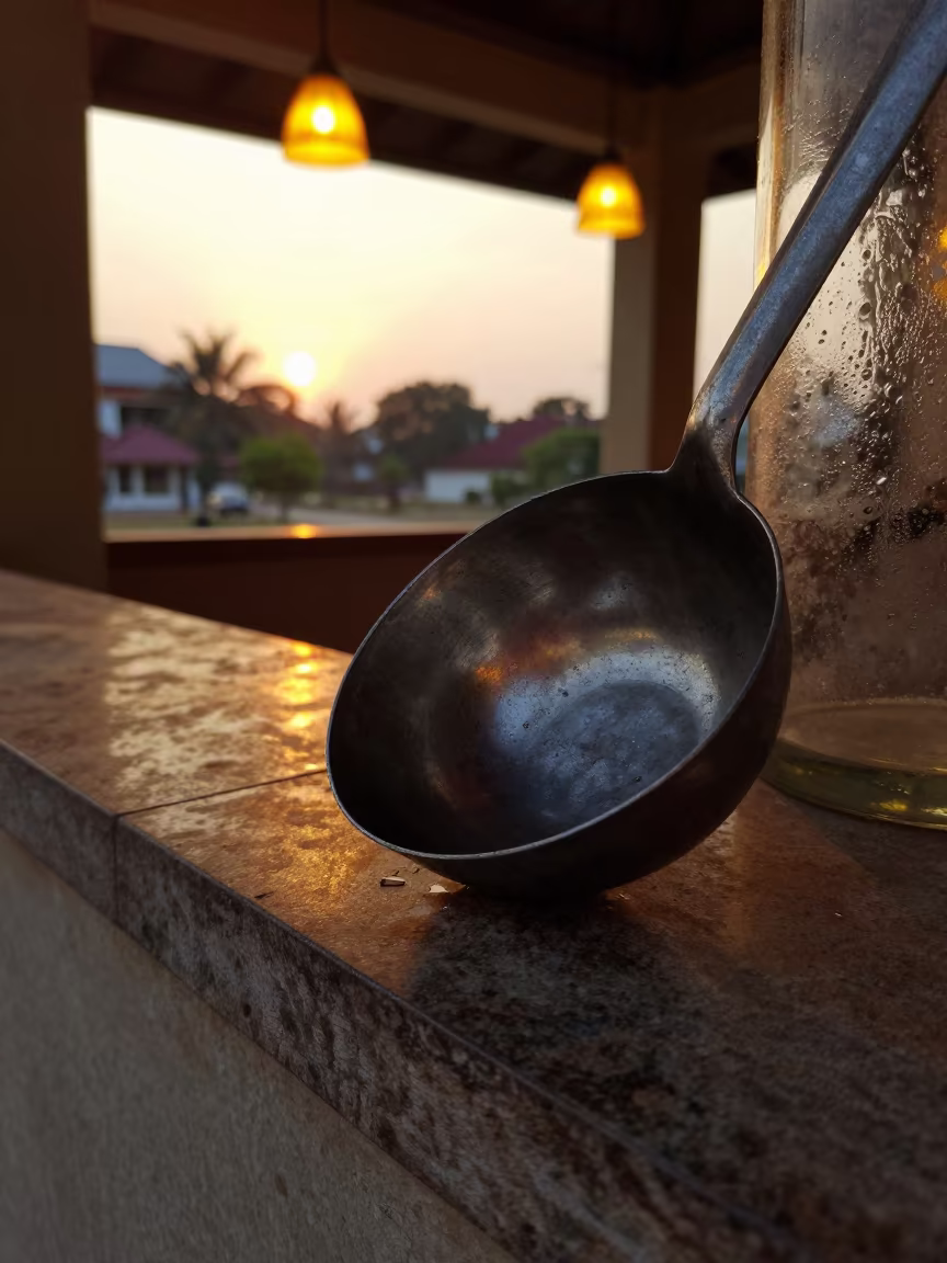 Warm Ladle on Stone Ledge Before Sunset in on a stone ledge near Naypyidaw