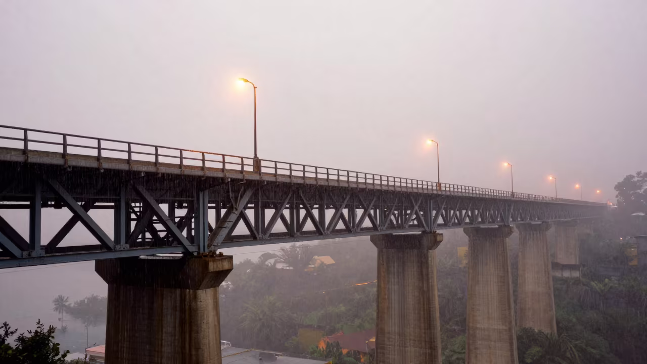 Warm Lamp on Viaduct Parapet in Monsoon Rain in under a viaduct of steel and concrete in Guanajuato
