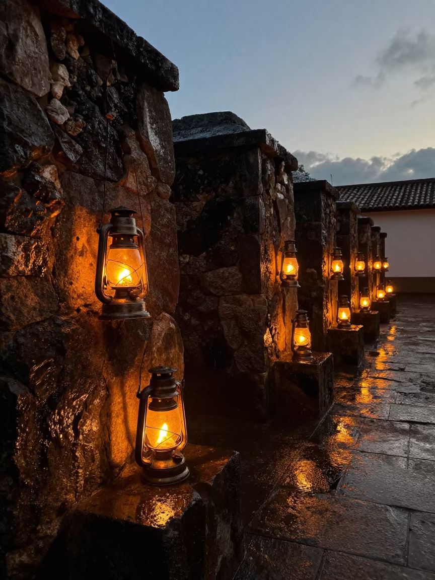 Warm Lantern Light in Recife Stone Cellar Shrine in in a shrine lined with lanterns in Recife
