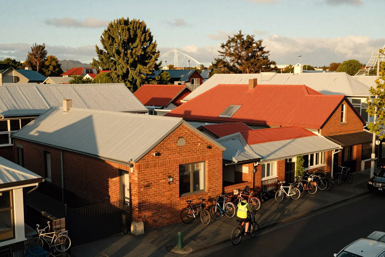 Warm Late Afternoon Light on Christchurch Rooftops and Street Activity in in Christchurch, New Zealand