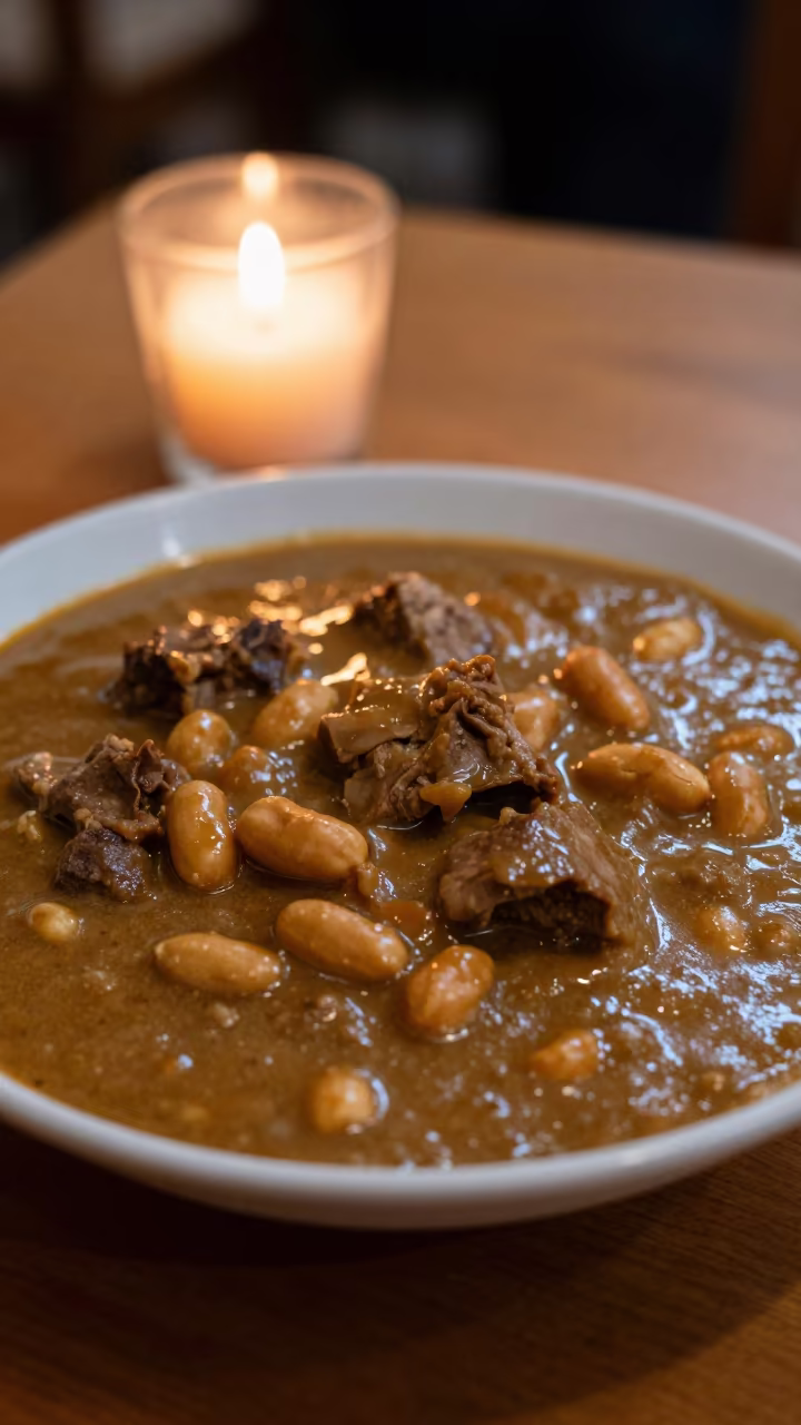 Warm Maafe Peanut Stew in Cordoba Diner in at a roadside diner table in Cordoba