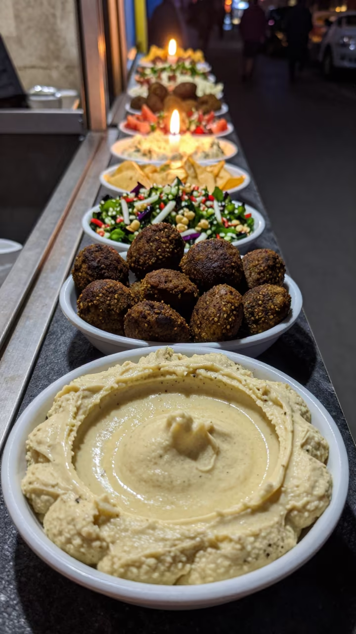 Warm Mezze Platter Under Candlelight in Amman in at a street-food cart counter in Amman