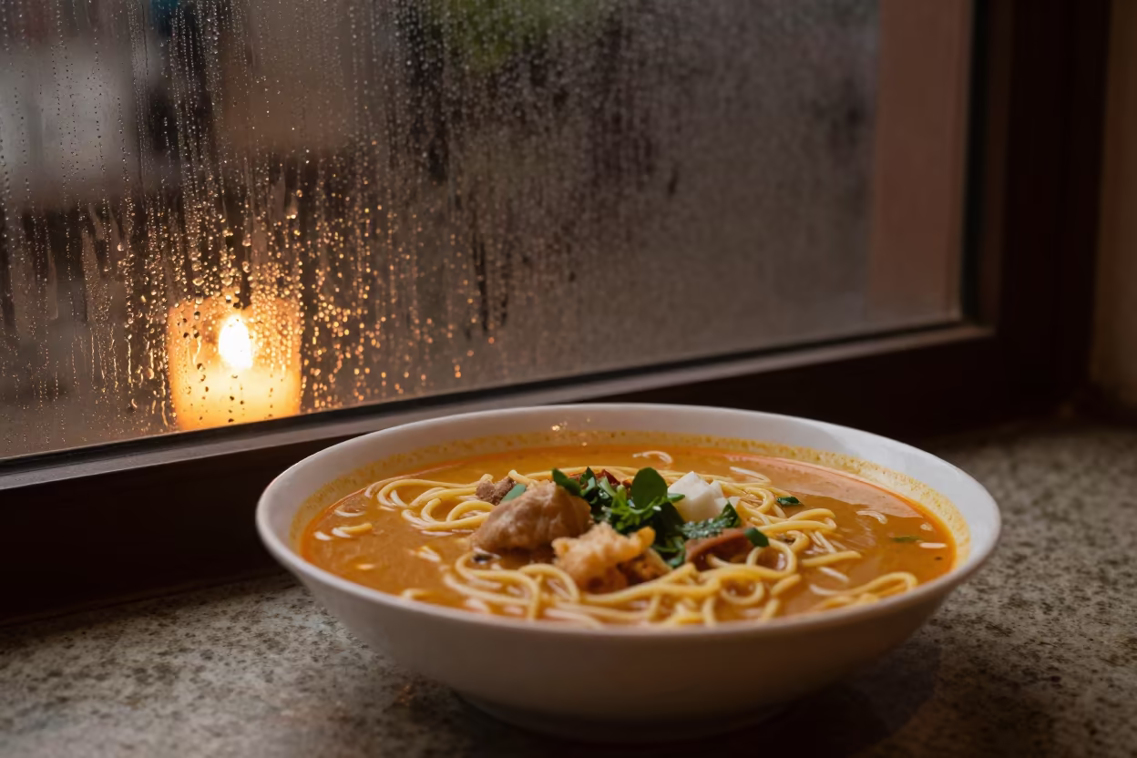 Warm Mohinga Noodle Soup at Narnaul Counter in at a noodle counter in Narnaul
