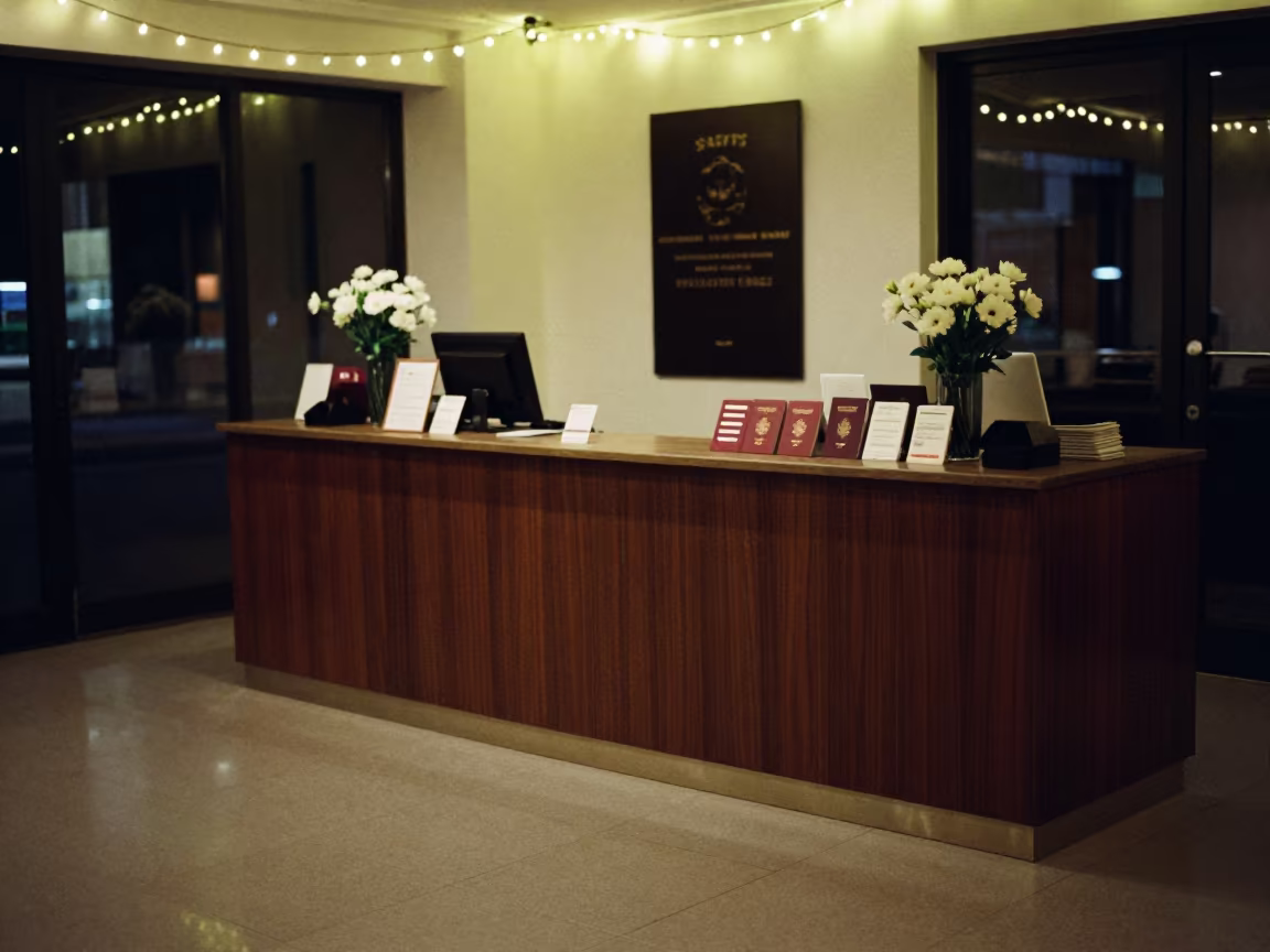 Warm Night Reception Desk with Passports and Flowers in at a reception desk under warm light near East London